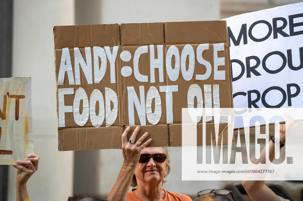 A Stop Rosebank activist holds a placard reading Andy choose food not oil during a demonstration outside the Treasury at Horse Guards road. Stop Rosebank activists staged a protest outside the Treasury highlighting the impact of prolonged heatwaves and drought on agriculture. Campaigners displayed empty harvesting baskets and a hessian sack labelled Wheat failed to represent damaged crops and poor harvests. Individuals held placards which read Oil Fuels Crop Failure, Rosebank Wont Feed Britain and Burnham Say No To Rosebank. The protest took place as the public consultation on the proposed Rosebank oil field closed with activists calling for the projec - ZUMAs197 20250817_aaa_s197_468