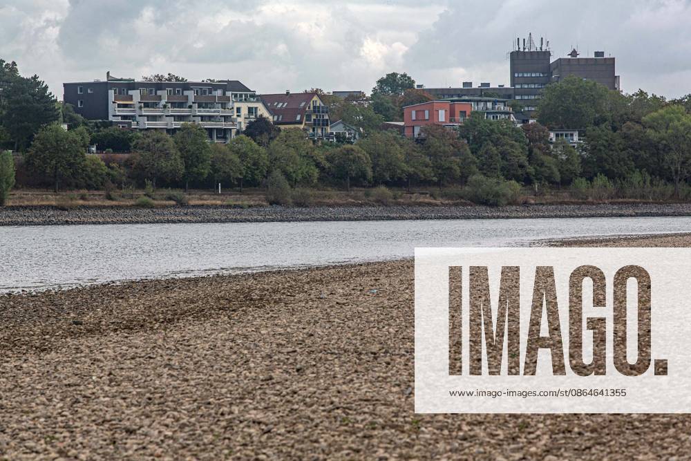 Blick auf das ausgetrocknete Flussbett des Rheins und Porz auf der rechten Rheinseite, gesehen vom Weißer Rheinbogen bei Köln-Sürth. Von den Tiefstständen haben sich die Pegelständde am Rhein inzwischen wieder leicht entfernt. Niedrigwasser Rhein