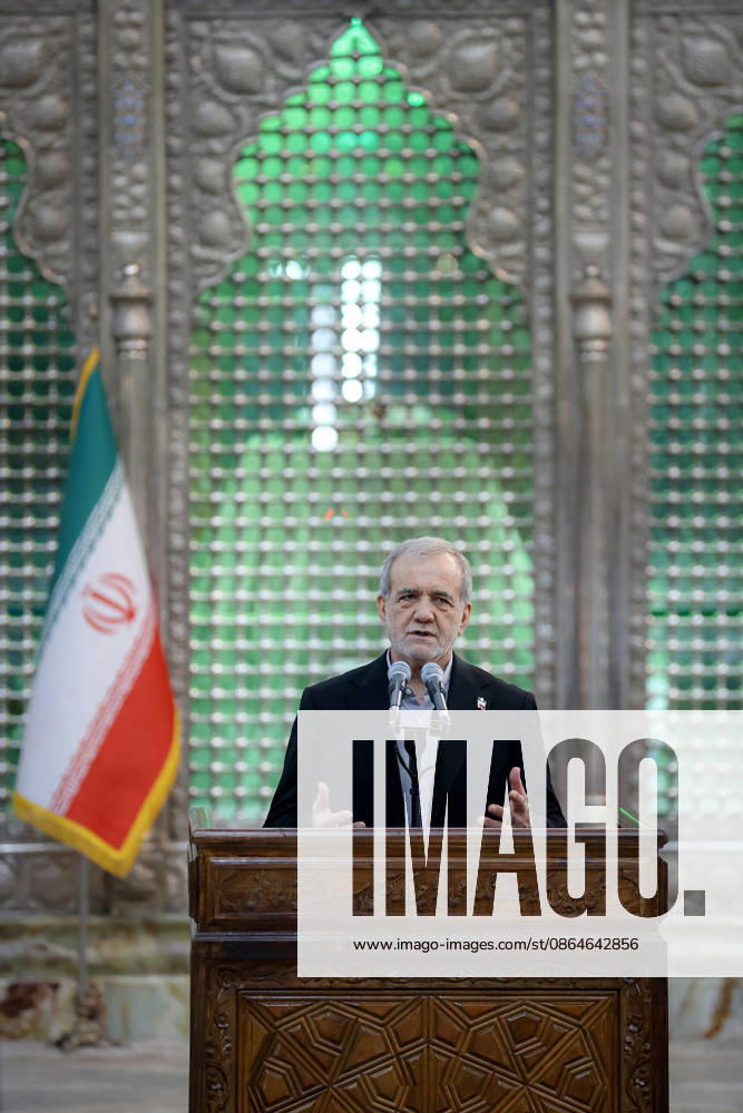 Iranian President Masoud Pezeshkian speaks during an event to mark the first day of the Government Week at the mausoleum of Ayatollah Ruhollah Khomeini, the founder of the Islamic Republic of Iran, in Tehran, Iran on August 23, 2026. Iranian President Masoud Pezeshkian declared that no power will be able to force the Iranian people into surrender. He dismissed claims that sanctions would turn Iran into another Venezuela, saying that has not happened. He stressed the need to begin conserving gasoline consumption through government measures, including a plan to reduce the number and fuel use of government vehicles. IRN2026082302 IranianxPresidency