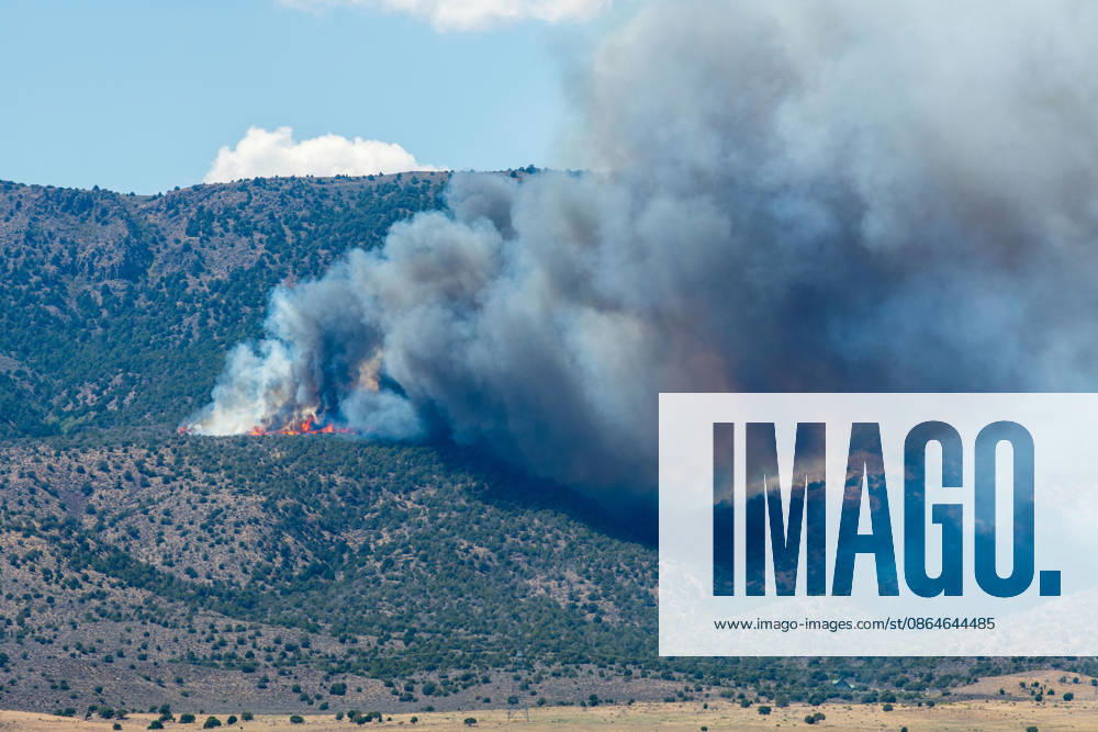 Smoke and flames are visible on a hillside as the Big Mountain Fire burns southwest of Elberta, Utah, United States, on August 23, 2026. State and local air and ground resources were deployed to fight the wildland fire, which rapidly reached an estimated 30 acres with zero containment. Elberta USA - ZUMAm292 20260823_znp_m292_035