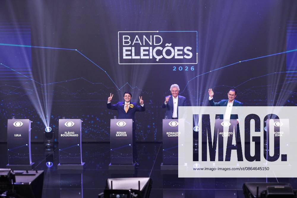 Band hosts the first presidential debate without Lula and Flavio Bolsonaro. Sao Paulo, SP. August 23, 2026 - Presidential Debate - Candidates Renan Santos (Missao), Ronaldo Caiado (PSD), and Augusto Cury (Avante) participate in the first debate of the presidential election race, promoted by TV Bandeirantes, at the station s headquarters in the southern zone of Sao Paulo, this Sunday, August 23, 2026. Empty podiums with the absence of the president and candidate for re-election, Luiz Inacio Lula da Silva (PT), Flavio Bolsonaro (PL), and Romeu Zema (Novo).(Foto: Marina Uezima Brazil Photo Press Brazil Photo Press) INTERNATIONAL Sao Paulo Sao Paulo Brasil