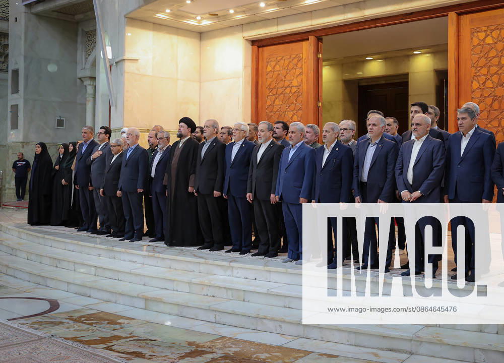President Masoud Pezeshkian (C) attends an event to mark the first day of the Government Week at the mausoleum of Ayatollah Ruhollah Khomeini, the founder of the Islamic Republic of Iran, in Tehran, Iran on August 23, 2026. Iranian President Masoud Pezeshkian declared that no power will be able to force the Iranian people into surrender. He dismissed claims that sanctions would turn Iran into another Venezuela, saying that has not happened. He stressed the need to begin conserving gasoline consumption through government measures, including a plan to reduce the number and fuel use of government vehicles. IRN2026082306 IranianxPresidency