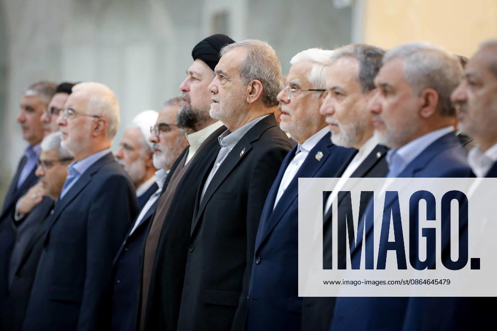 President Masoud Pezeshkian (C) attends an event to mark the first day of the Government Week at the mausoleum of Ayatollah Ruhollah Khomeini, the founder of the Islamic Republic of Iran, in Tehran, Iran on August 23, 2026. Iranian President Masoud Pezeshkian declared that no power will be able to force the Iranian people into surrender. He dismissed claims that sanctions would turn Iran into another Venezuela, saying that has not happened. He stressed the need to begin conserving gasoline consumption through government measures, including a plan to reduce the number and fuel use of government vehicles. IRN2026082308 IranianxPresidency