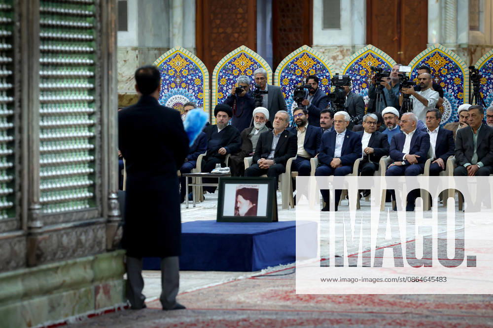 President Masoud Pezeshkian (3-L) attends an event to mark the first day of the Government Week at the mausoleum of Ayatollah Ruhollah Khomeini, the founder of the Islamic Republic of Iran, in Tehran, Iran on August 23, 2026. Iranian President Masoud Pezeshkian declared that no power will be able to force the Iranian people into surrender. He dismissed claims that sanctions would turn Iran into another Venezuela, saying that has not happened. He stressed the need to begin conserving gasoline consumption through government measures, including a plan to reduce the number and fuel use of government vehicles. IRN2026082311 IranianxPresidency