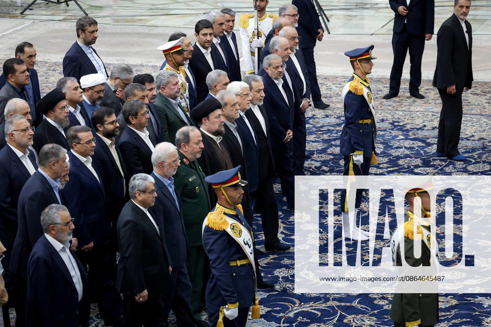 President Masoud Pezeshkian (C) attends an event to mark the first day of the Government Week at the mausoleum of Ayatollah Ruhollah Khomeini, the founder of the Islamic Republic of Iran, in Tehran, Iran on August 23, 2026. Iranian President Masoud Pezeshkian declared that no power will be able to force the Iranian people into surrender. He dismissed claims that sanctions would turn Iran into another Venezuela, saying that has not happened. He stressed the need to begin conserving gasoline consumption through government measures, including a plan to reduce the number and fuel use of government vehicles. IRN2026082313 IranianxPresidency