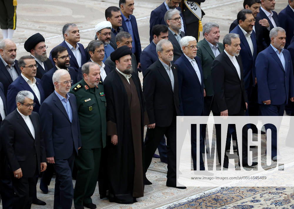 President Masoud Pezeshkian (C) attends an event to mark the first day of the Government Week at the mausoleum of Ayatollah Ruhollah Khomeini, the founder of the Islamic Republic of Iran, in Tehran, Iran on August 23, 2026. Iranian President Masoud Pezeshkian declared that no power will be able to force the Iranian people into surrender. He dismissed claims that sanctions would turn Iran into another Venezuela, saying that has not happened. He stressed the need to begin conserving gasoline consumption through government measures, including a plan to reduce the number and fuel use of government vehicles. IRN2026082314 IranianxPresidency