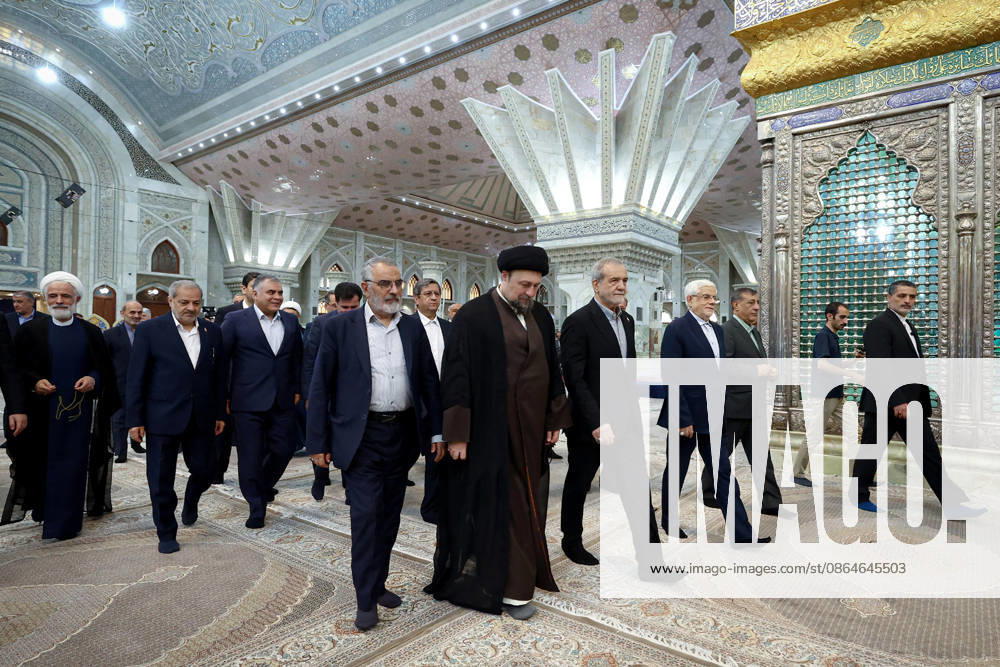 President Masoud Pezeshkian (C-R) attends an event to mark the first day of the Government Week at the mausoleum of Ayatollah Ruhollah Khomeini, the founder of the Islamic Republic of Iran, in Tehran, Iran on August 23, 2026. Iranian President Masoud Pezeshkian declared that no power will be able to force the Iranian people into surrender. He dismissed claims that sanctions would turn Iran into another Venezuela, saying that has not happened. He stressed the need to begin conserving gasoline consumption through government measures, including a plan to reduce the number and fuel use of government vehicles. IRN2026082321 IranianxPresidency