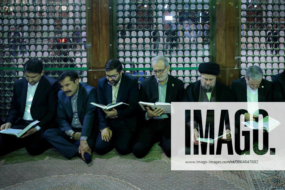 President Masoud Pezeshkian (3-R) attends an event to mark the first day of the Government Week at the mausoleum of Ayatollah Ruhollah Khomeini, the founder of the Islamic Republic of Iran, in Tehran, Iran on August 23, 2026. Iranian President Masoud Pezeshkian declared that no power will be able to force the Iranian people into surrender. He dismissed claims that sanctions would turn Iran into another Venezuela, saying that has not happened. He stressed the need to begin conserving gasoline consumption through government measures, including a plan to reduce the number and fuel use of government vehicles. IRN20260823210 IranianxPresidency