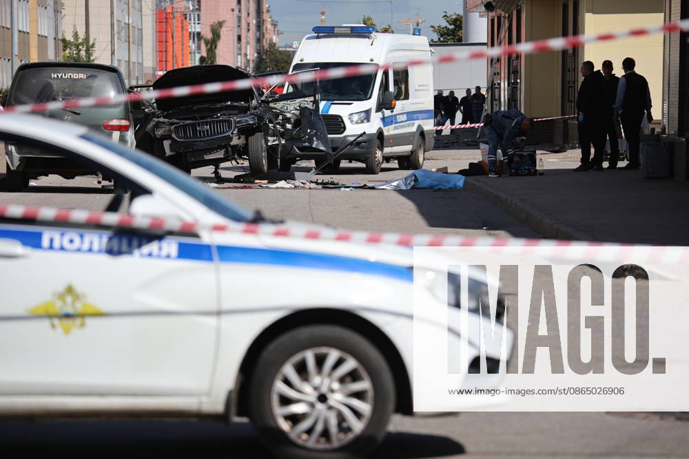 RUSSIA, ST PETERSBURG - AUGUST 27, 2026: The scene of the car blast on Kolpinskoye Shosse highway in Slavyanka neighbourhood, south-east St. Petersburg. Valentin Yegorshin TASS 96692602
