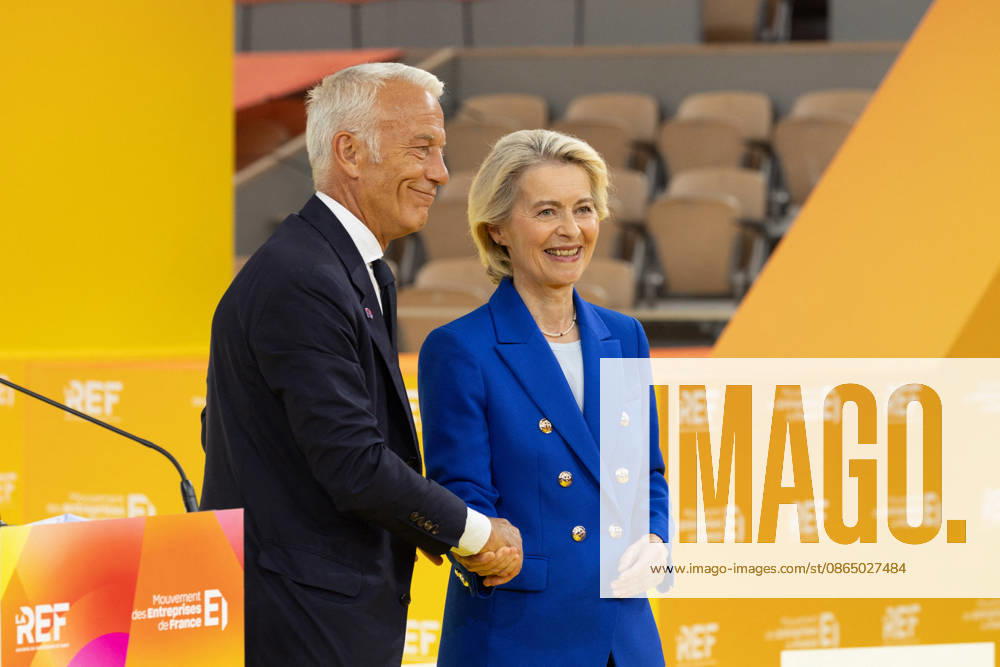 Second day of La REF 2026 meeting - Paris European Commission President Ursula von der Leyen, MEDEF president Patrick Martin during the La REF 2026 meeting of French entrepreneurs, organised by the MEDEF, France s main employers federation, at the Roland-Garros venue in Paris on August 27, 2026. Photo by Raphael Lafargue ABACAPRESS.COM Paris France