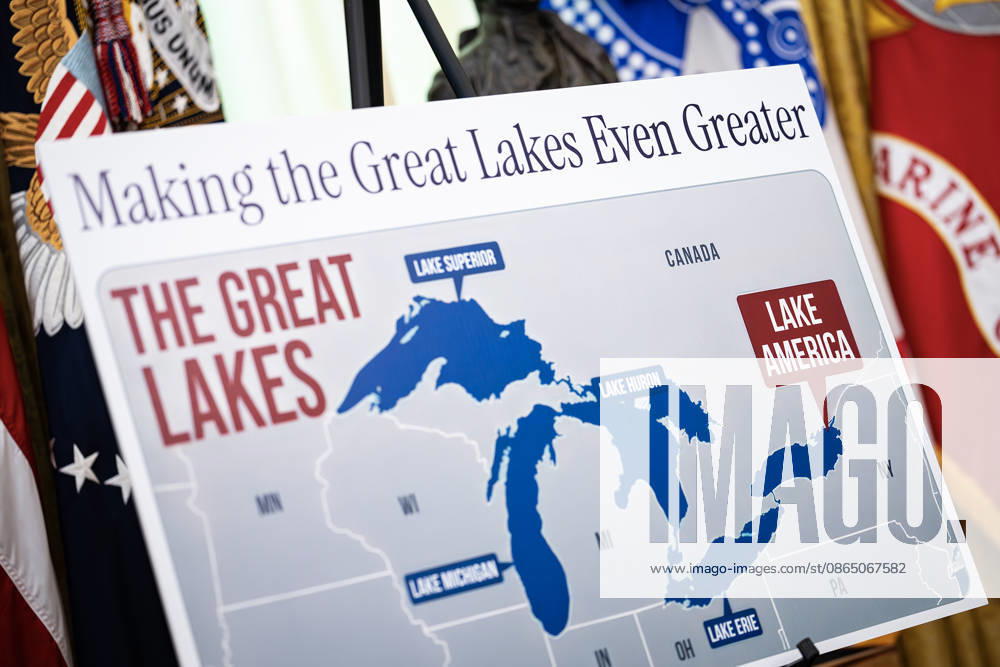 Trump Signs Executive Order Renaming Lake Ontario as ‘Lake America’ WASHINGTON, DC - AUGUST 27: A poster shows the name change from Lake Ontario to Lake America, as US President Donald Trump signs an executive order on the renaming, amid a recent trade war, in the Oval Office of the White House in Washington, DC. Credit: Al Drago Pool via CNP Washington District of Columbia United States of America