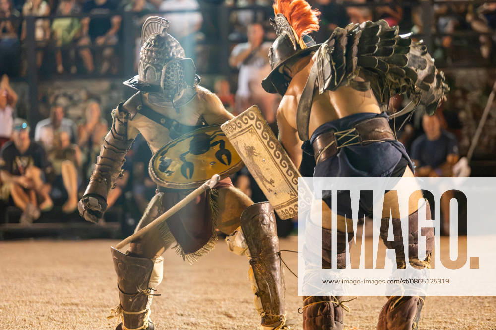 Gladiator fights in Pula, Croatia Members of gladiator school Spectacvla Gladiatoria dressed as Roman gladiators perform a staged combat demonstration during the event Spectacvla Antiqva at the Arena of Pula on August 27, 2026. in Pula, Croatia. SreckoxNiketic PIXSELL