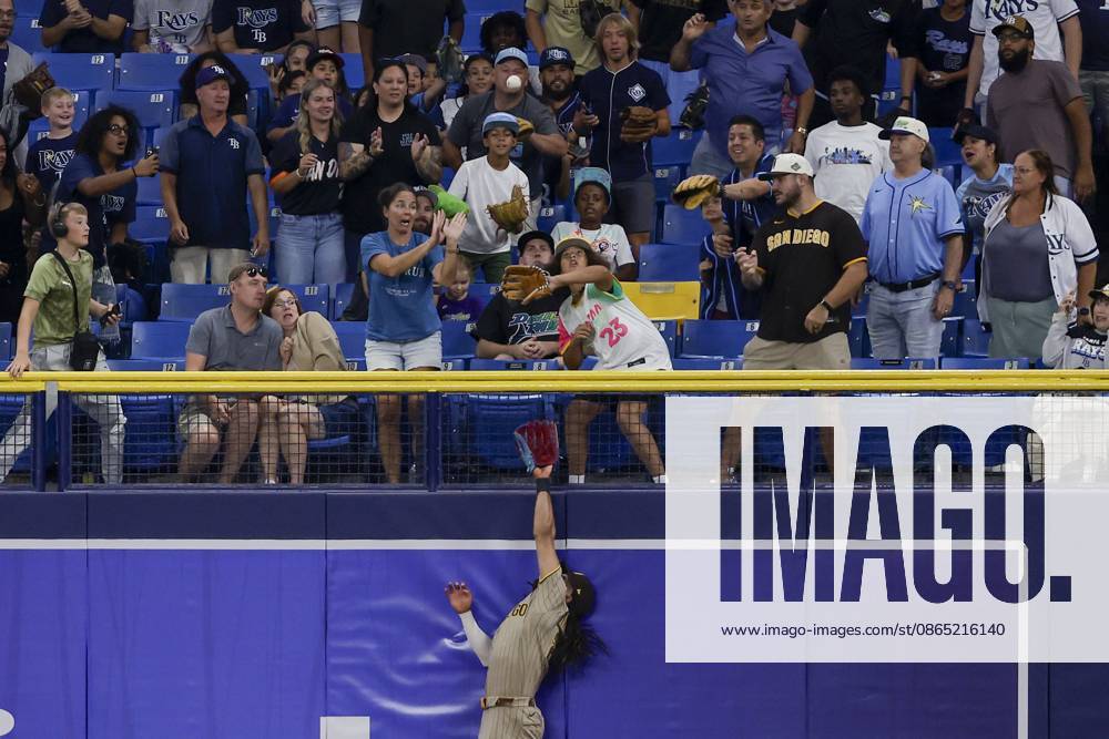 San Diego Padres right fielder Fernando Tatis Jr. (23) reaches for the ball of Tampa Bay Rays center fielder Cedric Mullins (31) but comes up short as it goes over the wall and into a fanâ€⠢s glove during the seventh inning on Friday, Aug. 28, 2026 in St. Petersburg. St. Petersburg USA - ZUMAs70_ 20260828_zan_s70_065