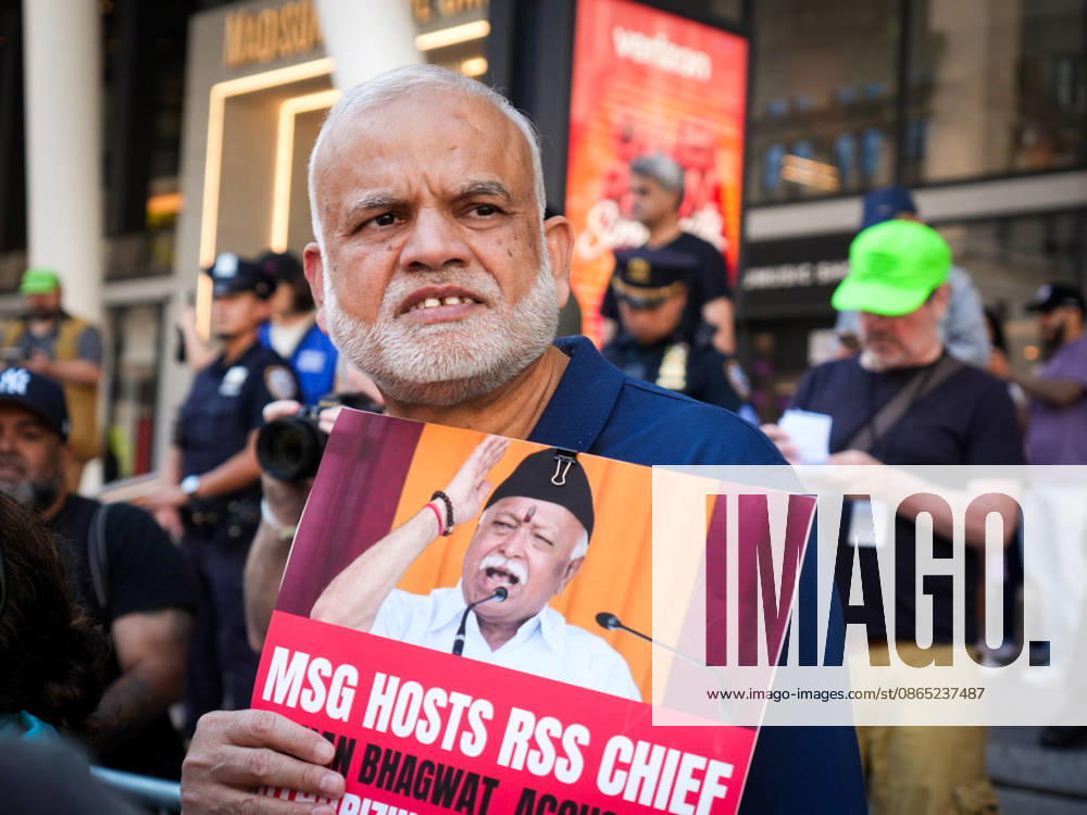 New York, NY August 29: Demonstrators gather outside Madison Square Garden for the â€oeHindus Say No to the RSS†rally, protesting the appearance of RSS chief Mohan Bhagwat and calling for a secular, interfaith India on August 29, 2026. Credit: AdMedia USA - ZUMAa123 20050930_zaa_a123_016