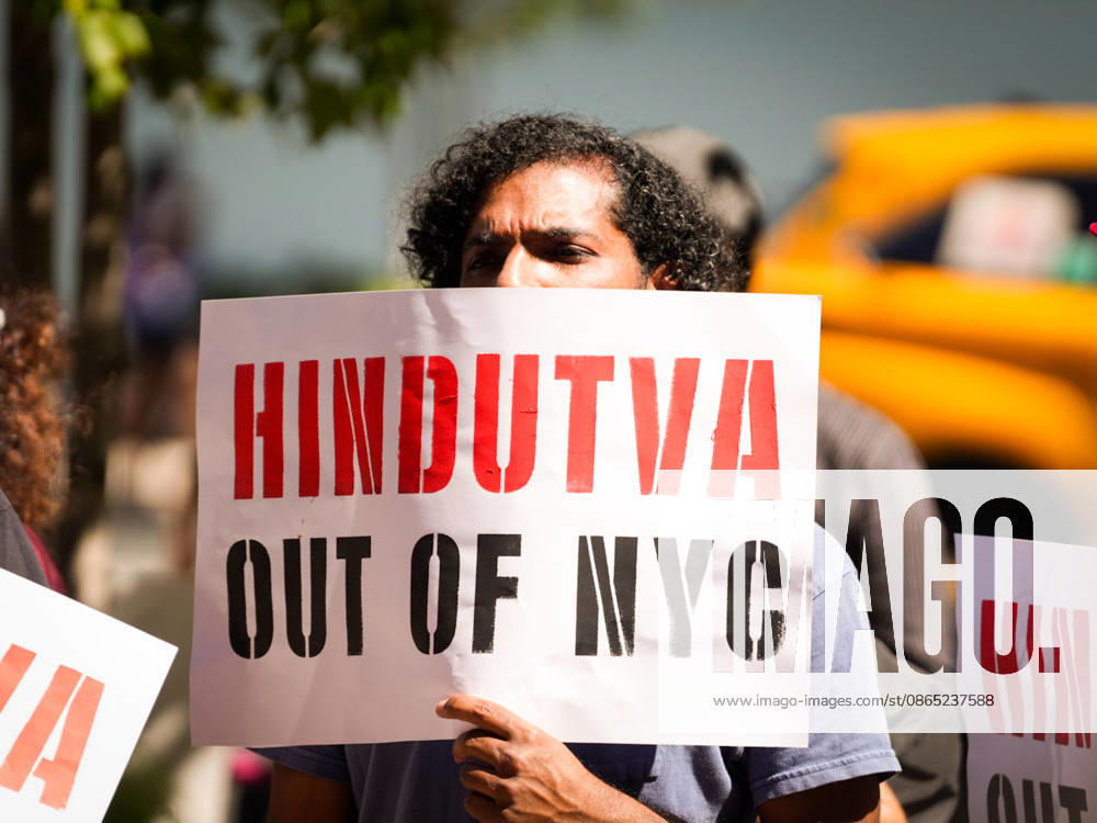 New York, NY August 29: Demonstrators gather outside Madison Square Garden for the â€oeHindus Say No to the RSS†rally, protesting the appearance of RSS chief Mohan Bhagwat and calling for a secular, interfaith India on August 29, 2026. Credit: AdMedia USA - ZUMAa123 20050930_zaa_a123_033