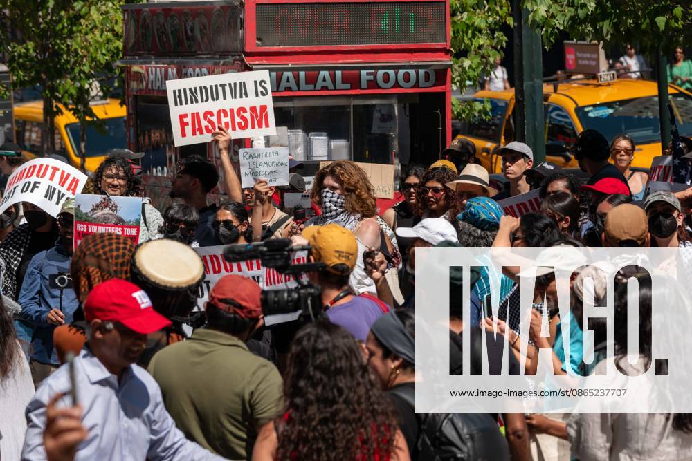 New York, NY- August 29: People Protest Against the RSS Chief Mohan Bhagwat, Hindu Nationalism,, and Hindutva in Front of Madison Square Garden on August 29, 2026. This protest is due to RSS Chief Mohan Bhagwat speaking at Madison Square Garden as attendees begin to show up and clashes arise. Credit: AdMedia USA - ZUMAa123 20050930_zaa_a123_068
