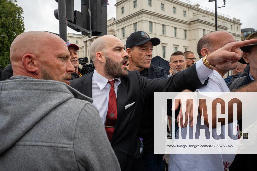 UKIP leader Nick Tenconi seen during the No to Sharia Law protest in central London. UKIP leader Nick Tenconi led supporters on a march and rally through central London calling for an end to Sharia law in Great Britain. The demonstration, organized under the banner No to Sharia Law, was met by a counter-protest. Tensions rose at the start of the march, with counter-protesters pushing against police officers as officers attempted to keep the opposing groups apart. The Metropolitan Police had imposed conditions on both demonstrations to prevent serious disorder. London United Kingdom - ZUMAs197 20260829_aaa_s197_175