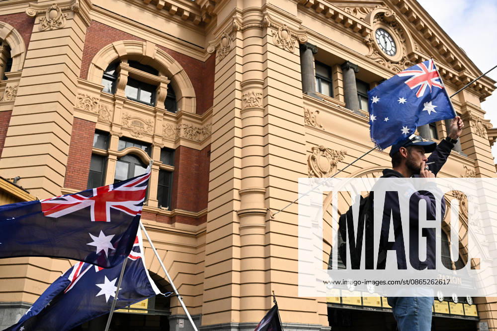 MARCH FOR AUSTRALIA RALLY MELBOURNE, People participate in a March for Australia anti-immigration rally outside the Flinders St Station in Melbourne, Sunday, August 30, 2026. ( NO ARCHIVING Melbourne Victoria AUSTRALIA