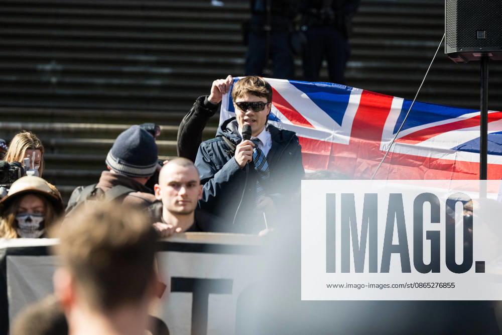 ANTI IMMIGRATION RALLY, Far Right influencer Hugo Auspill Lennon addresses the crowd during a far right March for Australia anti-immigration rally in Melbourne, Sunday, August 30, 2026. ( NO ARCHIVING MELBOURNE VICTORIA AUSTRALIA