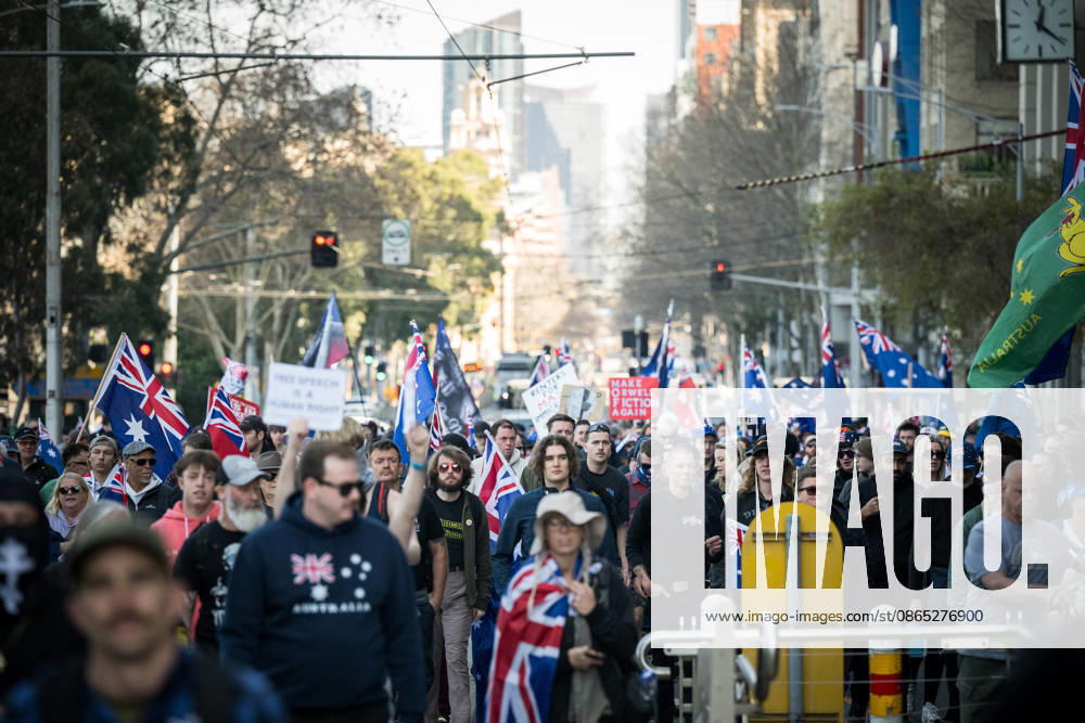 ANTI IMMIGRATION RALLY, Protestors marched through the streets of Melbourne shouting anti immigration slogans during a far right March for Australia anti-immigration rally in Melbourne, Sunday, August 30, 2026. ( NO ARCHIVING MELBOURNE VICTORIA AUSTRALIA