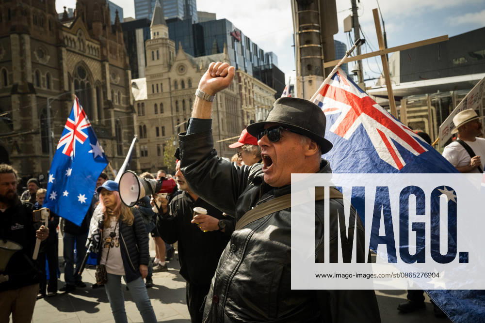 ANTI IMMIGRATION RALLY, Protestors marched through the streets of Melbourne shouting anti immigration slogans during a far right March for Australia anti-immigration rally in Melbourne, Sunday, August 30, 2026. ( NO ARCHIVING MELBOURNE VICTORIA AUSTRALIA