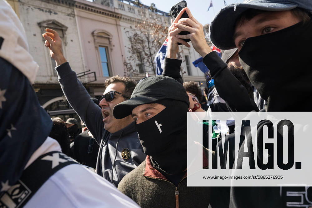 ANTI IMMIGRATION RALLY, Far right protestors confront counter protestors during a far right March for Australia anti-immigration rally in Melbourne, Sunday, August 30, 2026. ( NO ARCHIVING MELBOURNE VICTORIA AUSTRALIA