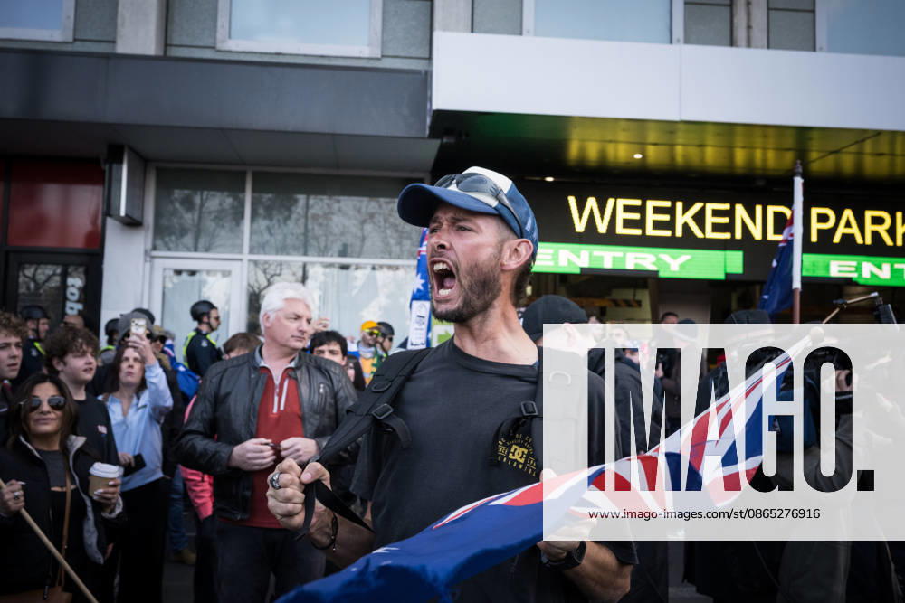 ANTI IMMIGRATION RALLY, Protestors marched through the streets of Melbourne shouting anti immigration slogans during a far right March for Australia anti-immigration rally in Melbourne, Sunday, August 30, 2026. ( NO ARCHIVING MELBOURNE VICTORIA AUSTRALIA