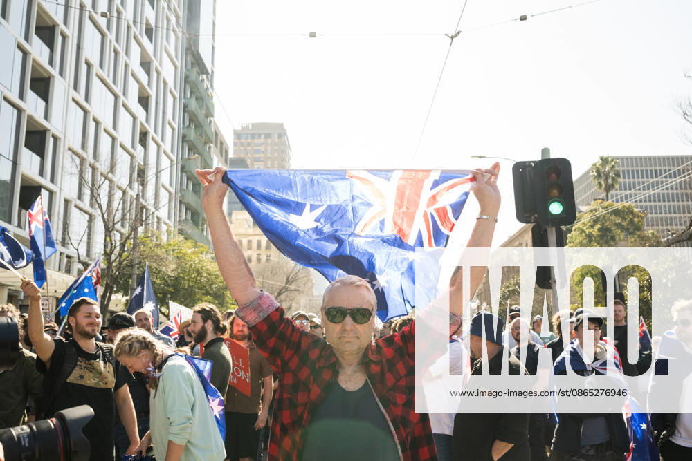 ANTI IMMIGRATION RALLY, Protestors marched through the streets of Melbourne shouting anti immigration slogans during a far right March for Australia anti-immigration rally in Melbourne, Sunday, August 30, 2026. ( NO ARCHIVING MELBOURNE VICTORIA AUSTRALIA