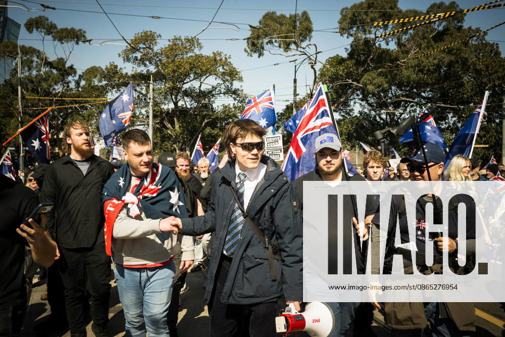 ANTI IMMIGRATION RALLY, Fair right influencer Hugo ˜Auspill Lennon marches during a far right March for Australia anti-immigration rally in Melbourne, Sunday, August 30, 2026. ( NO ARCHIVING MELBOURNE VICTORIA AUSTRALIA