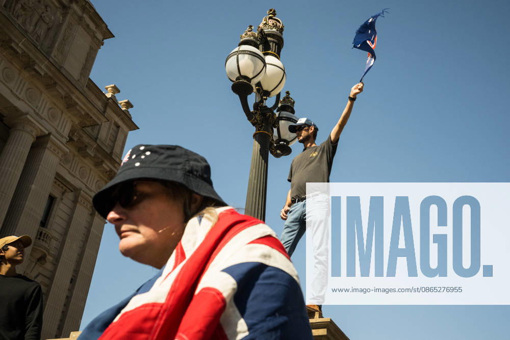 ANTI IMMIGRATION RALLY, Anti immigration protestors converged on the steps of Parliament house during a far right March for Australia anti-immigration rally in Melbourne, Sunday, August 30, 2026. ( NO ARCHIVING MELBOURNE VICTORIA AUSTRALIA