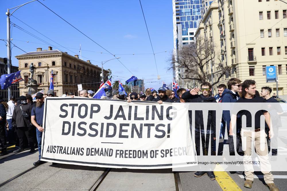 Far-right activists holding a banner and placards march through Melbourne during the rally..Hundreds of supporters of the far-right group March for Australia marched through Melbourneâ€⠢s CBD as part of a demonstration focused on freedom of speech and political expression, while counter-protesters gathered separately to oppose the march and its political messages. March for Australia organisers called for the repeal of laws they say restrict political communication, an end to government censorship and constitutional protection for freedom of speech. Melbourne Australia - ZUMAs197 20260830_aaa_s197_022