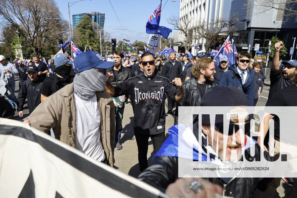 Far-right activists chant slogans during a far right March for Australia anti-immigration rally..Hundreds of supporters of the far-right group March for Australia marched through Melbourneâ€⠢s CBD as part of a demonstration focused on freedom of speech and political expression, while counter-protesters gathered separately to oppose the march and its political messages. March for Australia organisers called for the repeal of laws they say restrict political communication, an end to government censorship and constitutional protection for freedom of speech. Melbourne Australia - ZUMAs197 20260830_aaa_s197_024