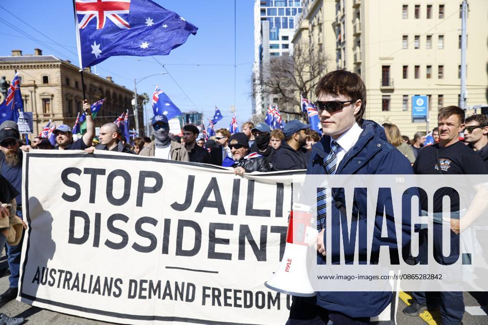 Fair right influencer Hugo ‘Auspillâ€⠢ Lennon marches during the rally..Hundreds of supporters of the far-right group March for Australia marched through Melbourneâ€⠢s CBD as part of a demonstration focused on freedom of speech and political expression, while counter-protesters gathered separately to oppose the march and its political messages. March for Australia organisers called for the repeal of laws they say restrict political communication, an end to government censorship and constitutional protection for freedom of speech. Melbourne Australia - ZUMAs197 20260830_aaa_s197_028