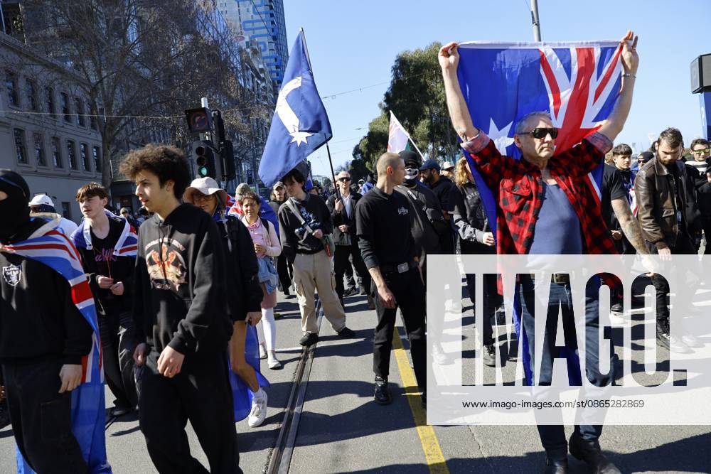 Far-right activists marched through the streets of Melbourne during the rally..Hundreds of supporters of the far-right group March for Australia marched through Melbourneâ€⠢s CBD as part of a demonstration focused on freedom of speech and political expression, while counter-protesters gathered separately to oppose the march and its political messages. March for Australia organisers called for the repeal of laws they say restrict political communication, an end to government censorship and constitutional protection for freedom of speech. Melbourne Australia - ZUMAs197 20260830_aaa_s197_034