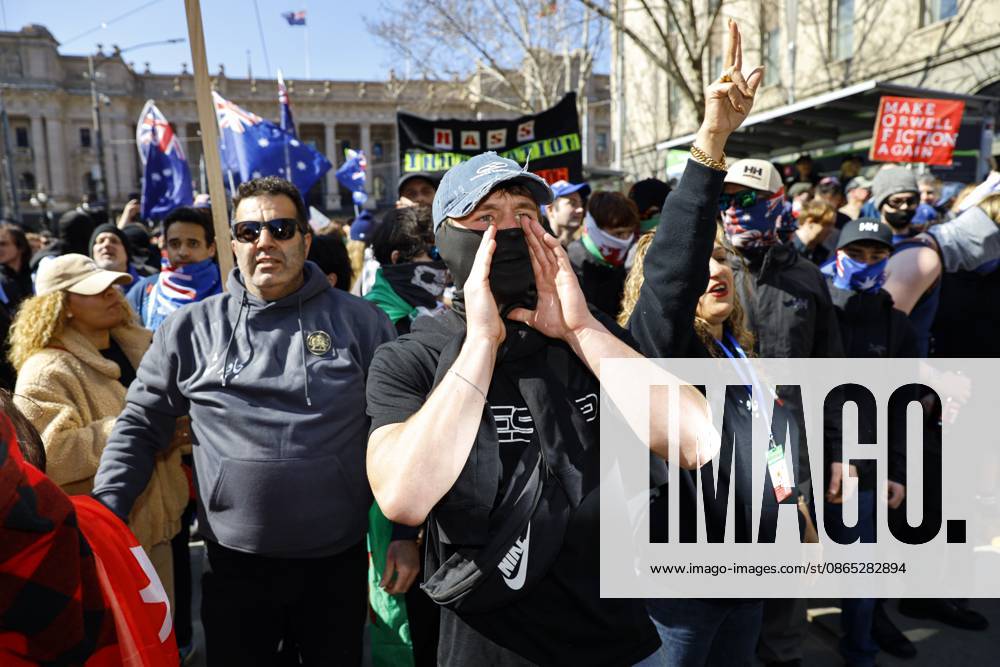 Far-right activists chant slogans during a far right March for Australia anti-immigration rally..Hundreds of supporters of the far-right group March for Australia marched through Melbourneâ€⠢s CBD as part of a demonstration focused on freedom of speech and political expression, while counter-protesters gathered separately to oppose the march and its political messages. March for Australia organisers called for the repeal of laws they say restrict political communication, an end to government censorship and constitutional protection for freedom of speech. Melbourne Australia - ZUMAs197 20260830_aaa_s197_039