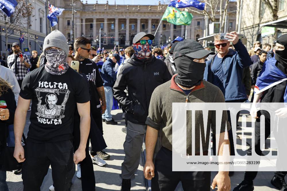 Far-right activists chant slogans during a far right March for Australia anti-immigration rally..Hundreds of supporters of the far-right group March for Australia marched through Melbourneâ€⠢s CBD as part of a demonstration focused on freedom of speech and political expression, while counter-protesters gathered separately to oppose the march and its political messages. March for Australia organisers called for the repeal of laws they say restrict political communication, an end to government censorship and constitutional protection for freedom of speech. Melbourne Australia - ZUMAs197 20260830_aaa_s197_047