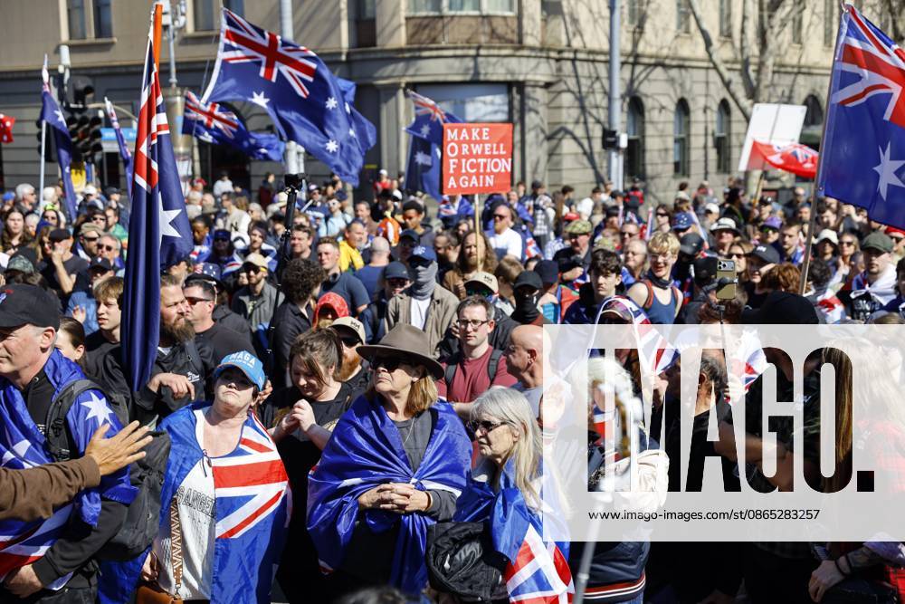 Flags and banners fill Melbourneâ€⠢s streets as far-right activists march through the CBD..Hundreds of supporters of the far-right group March for Australia marched through Melbourneâ€⠢s CBD as part of a demonstration focused on freedom of speech and political expression, while counter-protesters gathered separately to oppose the march and its political messages. March for Australia organisers called for the repeal of laws they say restrict political communication, an end to government censorship and constitutional protection for freedom of speech. Melbourne Australia - ZUMAs197 20260830_aaa_s197_048