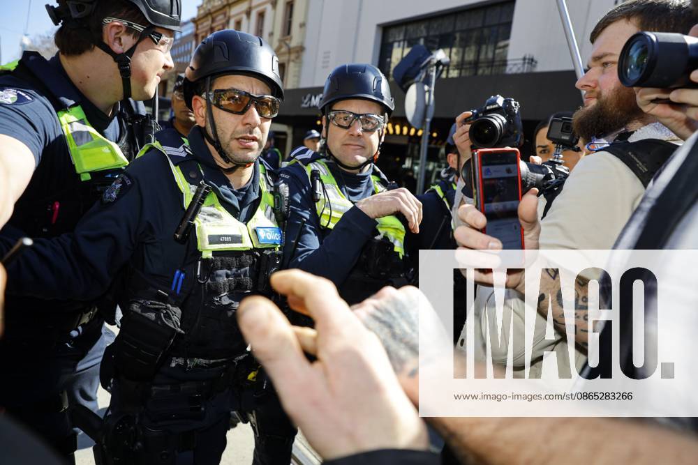 Victoria Police officers push a far-right activist during the rally..Hundreds of supporters of the far-right group March for Australia marched through Melbourneâ€⠢s CBD as part of a demonstration focused on freedom of speech and political expression, while counter-protesters gathered separately to oppose the march and its political messages. March for Australia organisers called for the repeal of laws they say restrict political communication, an end to government censorship and constitutional protection for freedom of speech. Melbourne Australia - ZUMAs197 20260830_aaa_s197_055