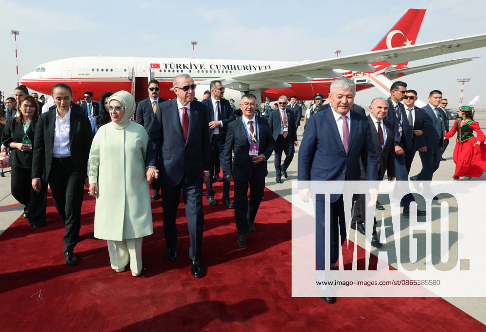 Turkish President Recep Tayyip Erdogan in Kyrgyzstan BISHKEK, KYRGYZSTAN - AUGUST 31 : (---- - MANDATORY CREDIT - TURKISH PRESIDENCY MURAT CETINMUHURDAR HANDOUT - NO MARKETING NO ADVERTISING CAMPAIGNS - DISTRIBUTED AS A SERVICE TO CLIENTS----) Turkish President Recep Tayyip Erdogan and his wife Emine Erdogan is welcomed by Kyrgyz Prime Minister Adylbek Kasymaliev and Turkiye s Ambassador Mekin Mustafa Kemal Okem upon his arrival at Manas International Airport to attend the Shanghai Cooperation Organisation (SCO) Summit in Bishkek, Kyrgyzstan on August 31, 2026. TUR Presidency Murat Cetinmuhurdar Anadolu Bishkek Kyrgyzstan. Editorial use only. Please get in touch for any other usage.