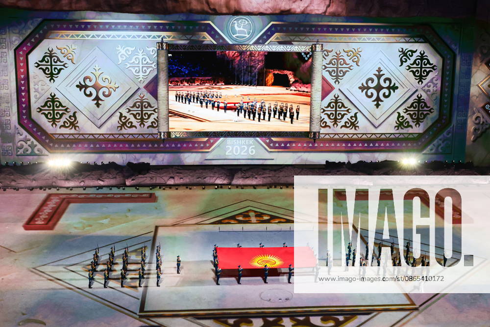 KYRGYZSTAN, BISHKEK - AUGUST 31, 2026: A large national flag of Kyrgyzstan appears during a ceremony to open the 2026 World Nomad Games at Bishkek Arena. Kirill Kukhmar TASS 96909775