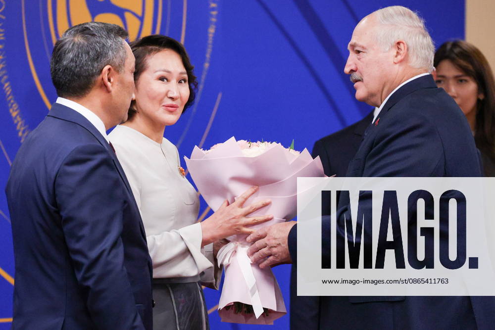 KYRGYZSTAN, BISHKEK - AUGUST 31, 2026: Sadyr Japarov, President of Kyrgyzstan, and his wife Aigul greet Alexander Lukashenko (L-R), President of Belarus, during a ceremony to open the 2026 World Nomad Games at Bishkek Arena. Vyacheslav Prokofyev Russian Presidential Press and Information Office TASS 96910182