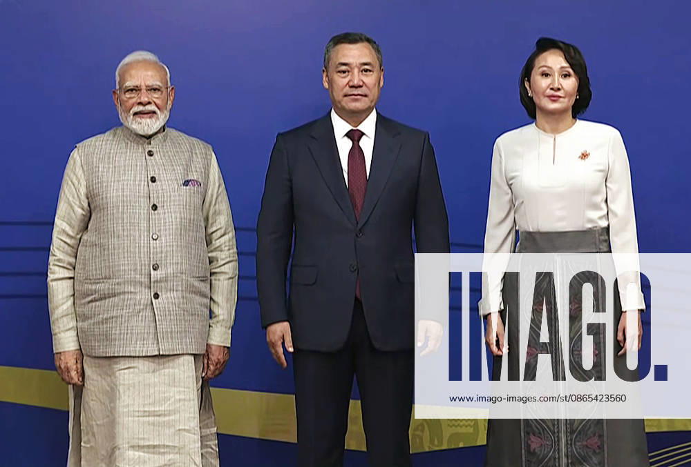 PM Modi at the official opening ceremony of the VI World Nomad Games Bishkek Kyrgyzstan , Aug 31 (ANI): Prime Minister Narendra Modi poses for a photo with Kyrgyz President Sadyr Japarov and his wife Aigul before the official opening ceremony of the VI World Nomad Games at Bishkek Arena, in Bishkek on Monday. (DD ANI Video Grab) Bishkek Kyrgyzstan