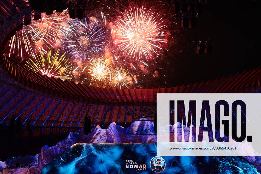 KYRGYZSTAN, BISHKEK - AUGUST 31, 2026: Fireworks go off during a ceremony to open the 2026 World Nomad Games at Bishkek Arena. Kirill Kukhmar TASS 96914670