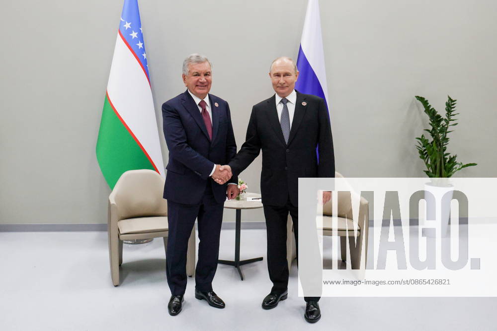 KYRGYZSTAN, BISHKEK - AUGUST 31, 2026: Shavkat Mirziyoyev (L), President of Uzbekistan, and his counterpart Vladimir Putin of Russia shake hands during a meeting on the sidelines of the 2026 SCO Summit Bishkek Kyrgyzstan - ZUMAt113 20260831_zaa_t113_390