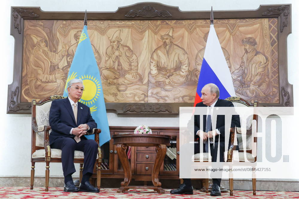 KYRGYZSTAN, BISHKEK - AUGUST 31, 2026: Kassym-Jomart Tokayev (L), President of Kazakhstan, and his counterpart Vladimir Putin of Russia hold a meeting on the sidelines of the 2026 SCO Summit Bishkek Kyrgyzstan - ZUMAt113 20260831_zaa_t113_409