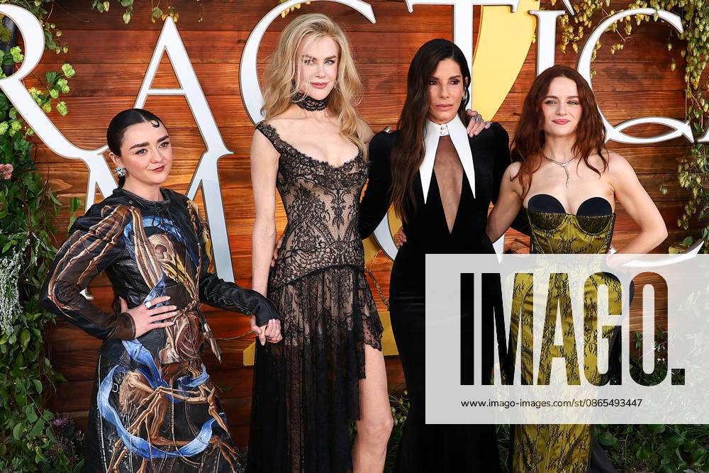 Los Angeles Premiere Of Warner Bros. Pictures Practical Magic 2 WESTWOOD, LOS ANGELES, CALIFORNIA, USA - AUGUST 31: Maisie Williams wearing Maison Margiela Artisanal FW26 Couture, styled by Dino Bonacic, Nicole Kidman wearing Atelier Versace, styled by Jason Bolden, Sandra Bullock wearing custom Louis Vuitton, styled by Leslie Fremar and Joey King wearing Ilya Mingmoon and Bvlgari jewelry, styled by Jared Eng arrive at the Los Angeles Premiere Of Warner Bros. Pictures Practical Magic 2 held at the Directors Village (formerly Westwood Village Theatre) on August 31, 2026 in Westwood, Los Angeles, California, United States. Westwood Directors Village (formerly Westwood Village Theatre) California United States