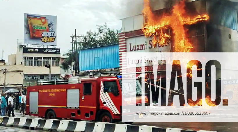 A fire breaks out at Luxmi Sweet House in Ayodhya Ayodhya, Sept 01 (ANI): Fire tenders at the spot as fire breaks out at Luxmi Sweet House at Civil Lines, in Ayodhya on Tuesday. (ANI Video Grab) Ayodhya Uttar Pradesh India
