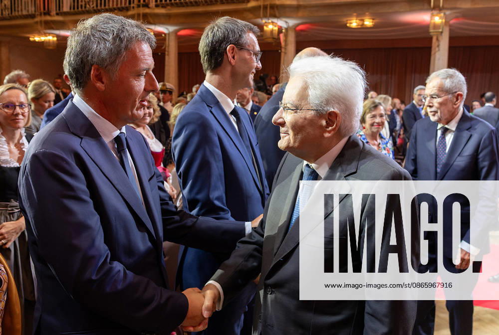 President Sergio Mattarella greets Matteo Renzi at the end of the ceremony marking the Day of Autonomy, Merano, 5 September 2026. Merano Italy - ZUMAa289 20260905_zia_a289_014