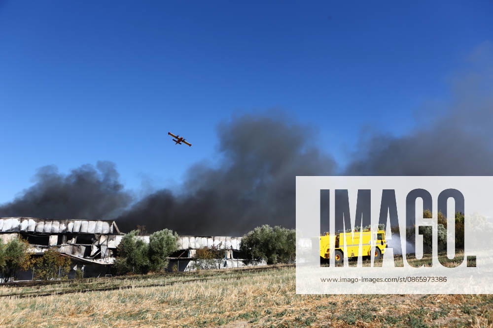 A firefighting aircraft flies over the area as a fire engine operates on the ground during efforts to extinguish the fire caused by the crash of a Hellenic Air Force F-4 Phantom. Thiva Greece - ZUMAx103 20260905_zip_x103_011