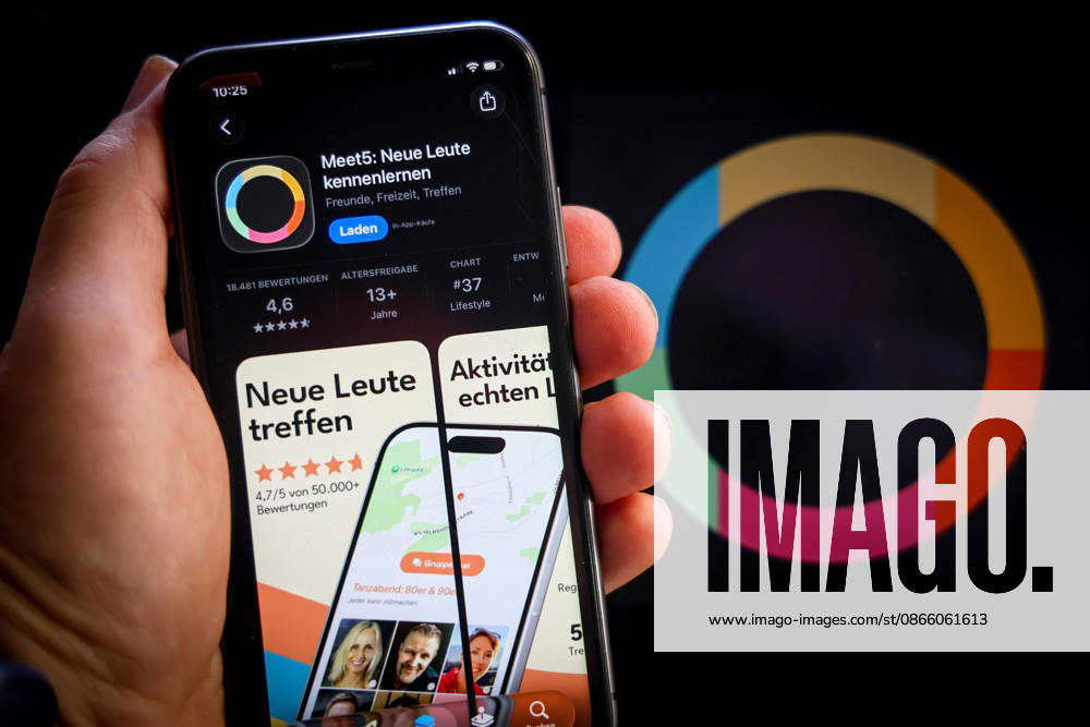 Apple App Store auf einem iPhone. Essenzielle Dating Apps. Meet5: neue Leute kennen lernen. Das iPhone wird in der Hand gehalten.. 06.09.2026